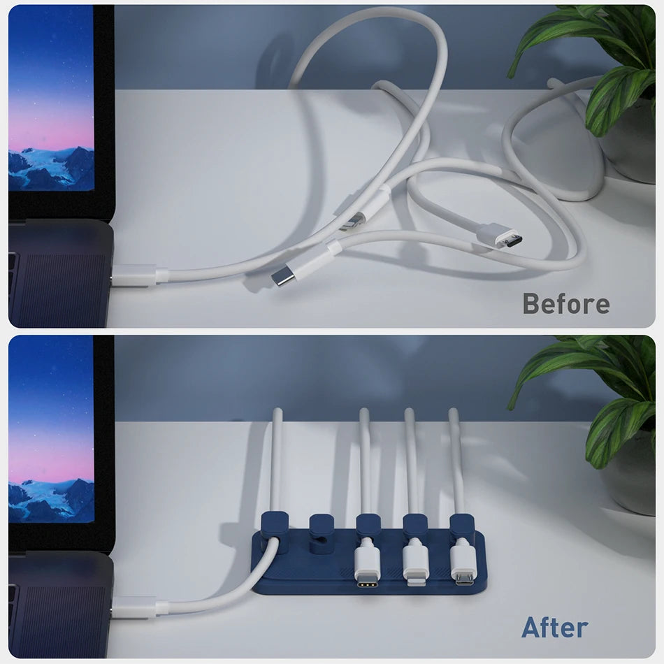 Car mounted magnetic cable management, silicone cable clamp, desktop multi-purpose wire holder, 5 clips for lighting USB C micro